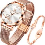 OLEVS Women's Rose Gold Watches Heart Diamond Japanese Quartz Movement Girls Ladies Wristwatch Big Face Waterproof Mesh Belt Watch and Bracelet Set Valentines Day Gifts